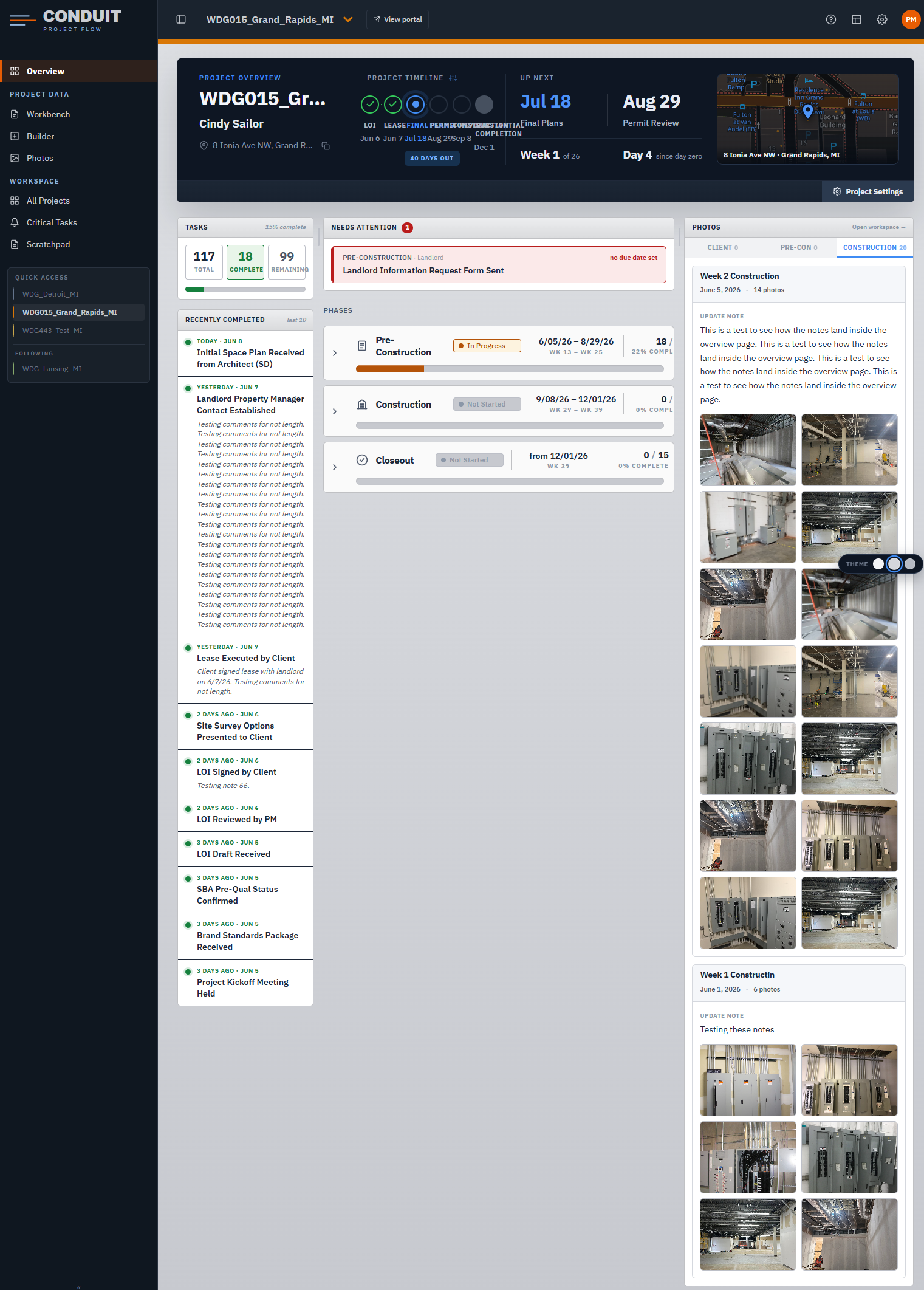 The project Overview, which doubles as the client's read-only portal: banner timeline, phases, recent progress and photos.