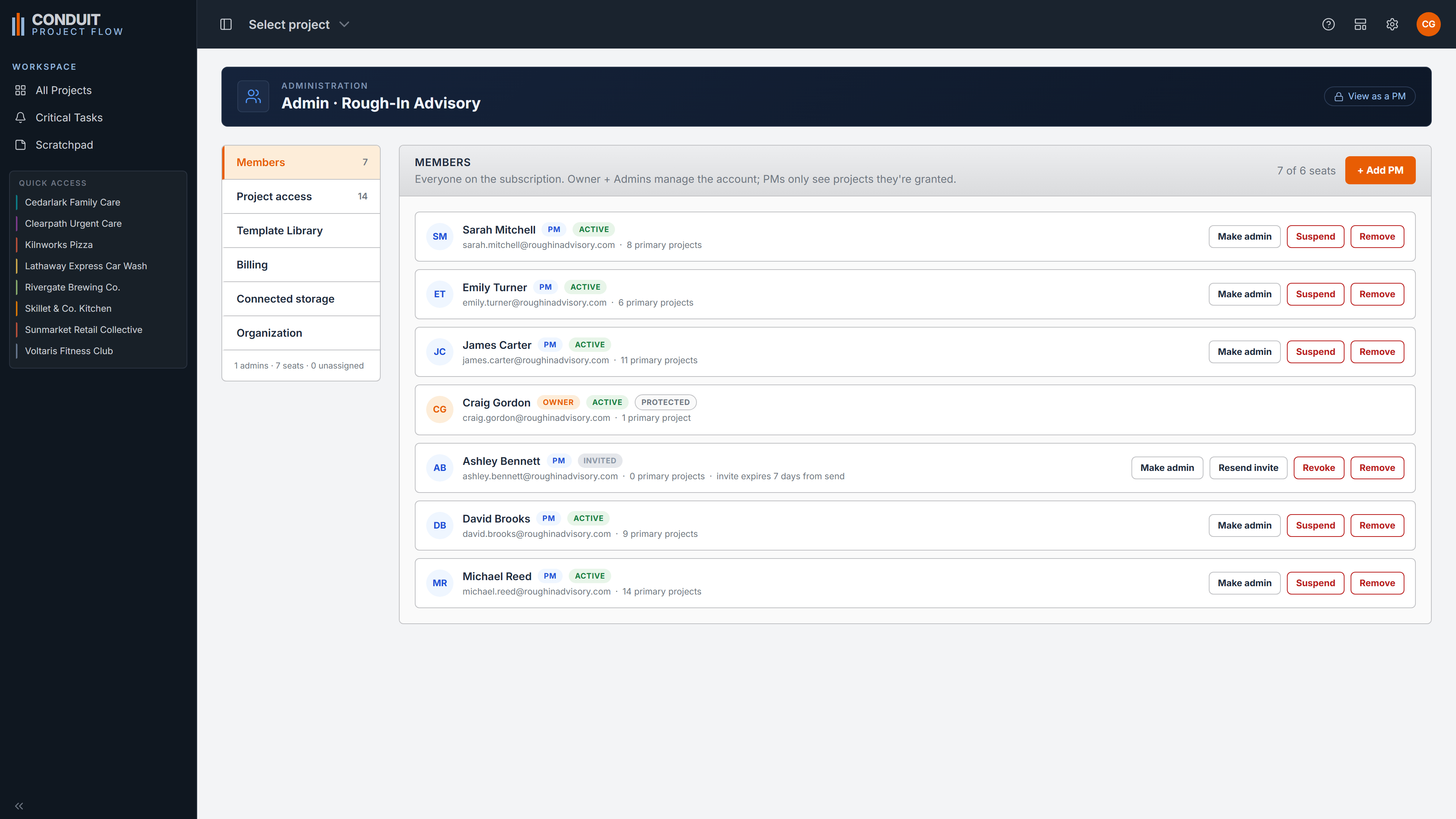 The firm admin / project settings view