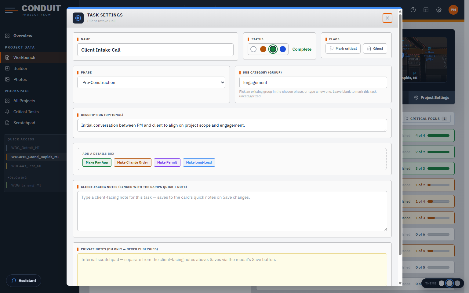 Task Settings showing a specialty detail box attached to a task for pay app, change order, permit or long-lead data.