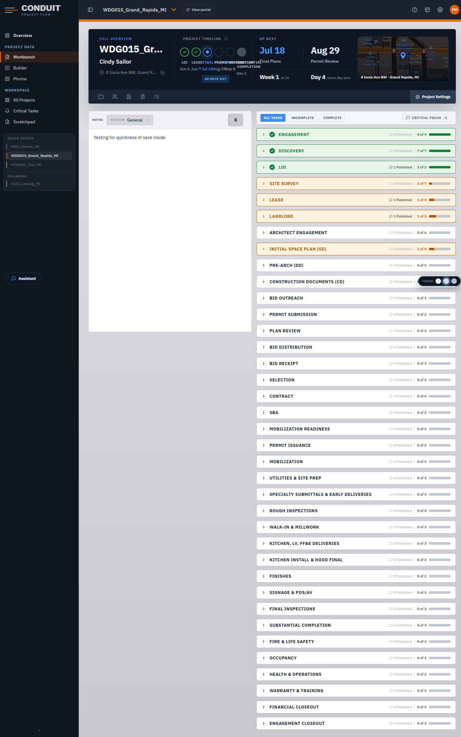 The Conduit Workbench on a desktop screen: a project's task timeline filtered by lens, with a notepad and a side rail of folders, contacts and site data.